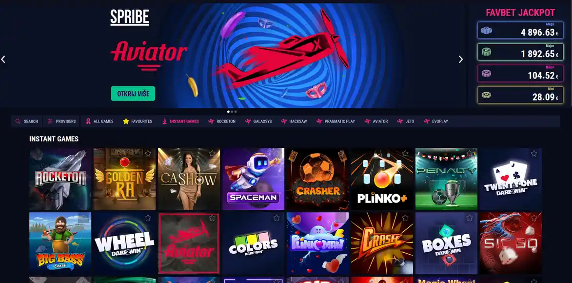 Розділ миттєвих ігор Favbet Casino з панеллю накопичених джекпотів