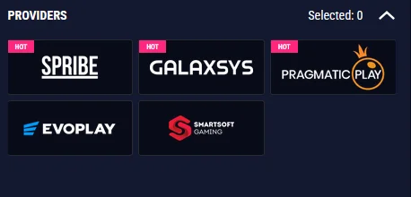 Провайдери в каталозі Favbet Casino: Spribe, Galaxsys, Pragmatic Play, Evoplay, SmartSoft
