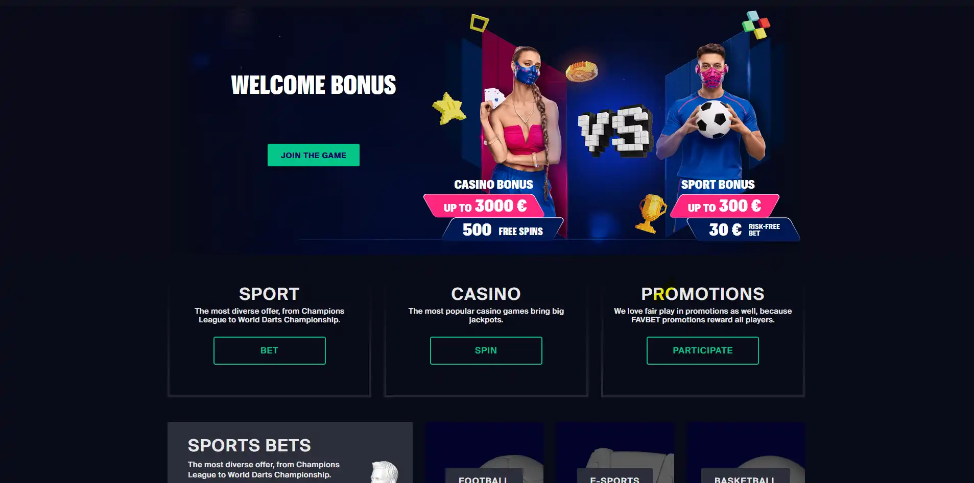 Головна сторінка платформи Favbet із розділами спорту, казино та акцій